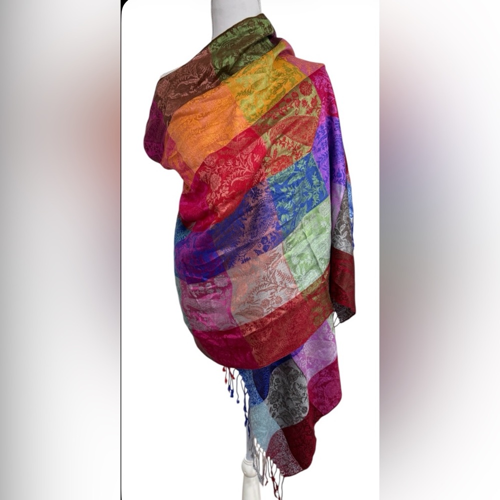 KASHMIR RAINBOW PATCHWORK PASHMINA SHAWL FLORAL PAISLEY FRINGED LONG WRAP SCARF
